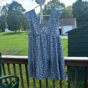 Floral Blue Dress with Ruffle Sleeves